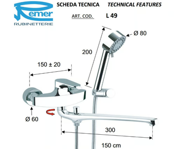CLASS LINE - Wall-mounted bathtub mixer with hand shower by Remer Rubinetterie - view 3